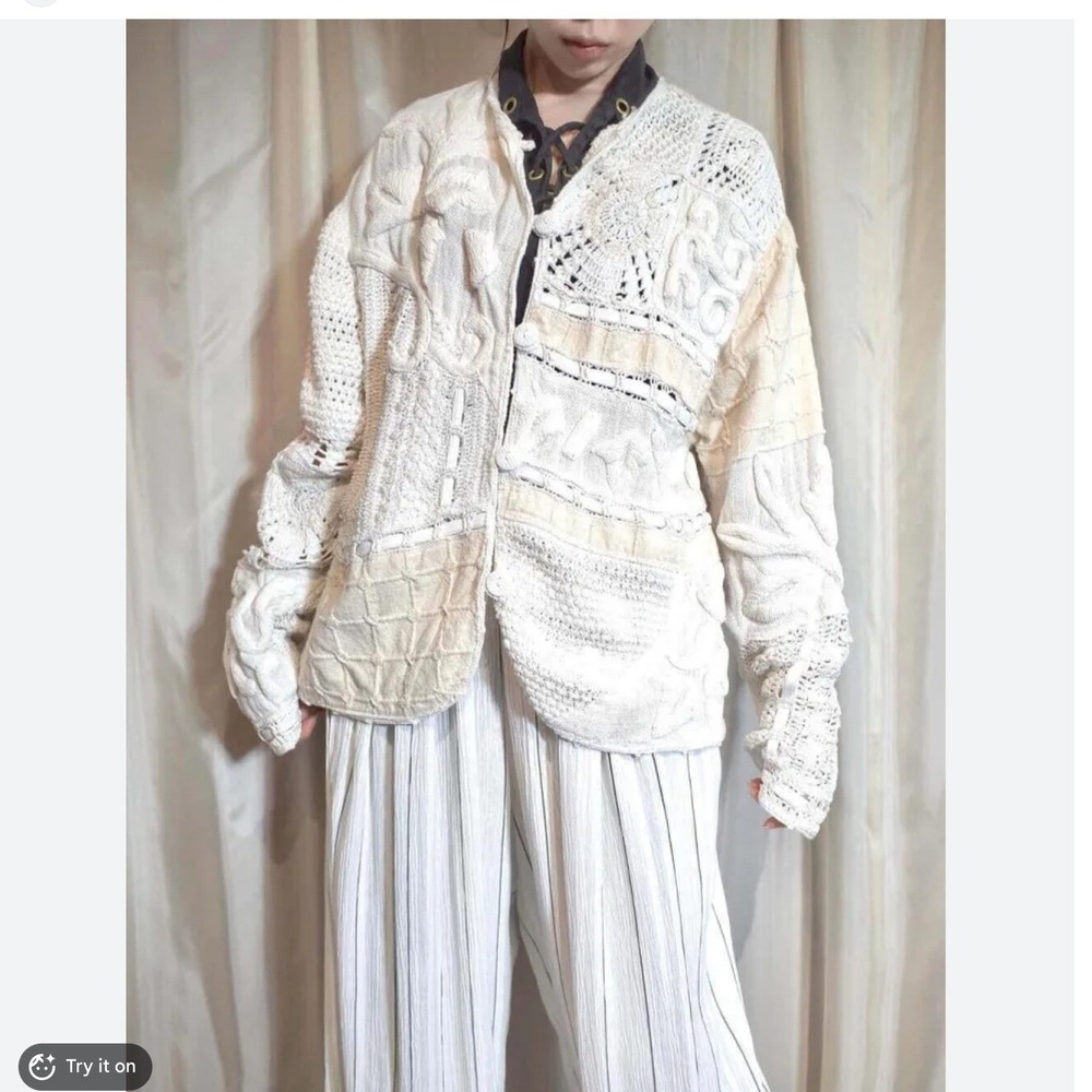 Coldwater Creek Women Cotton Chunky Knit Crochet Jacket Patchwork Boho Cottage S
